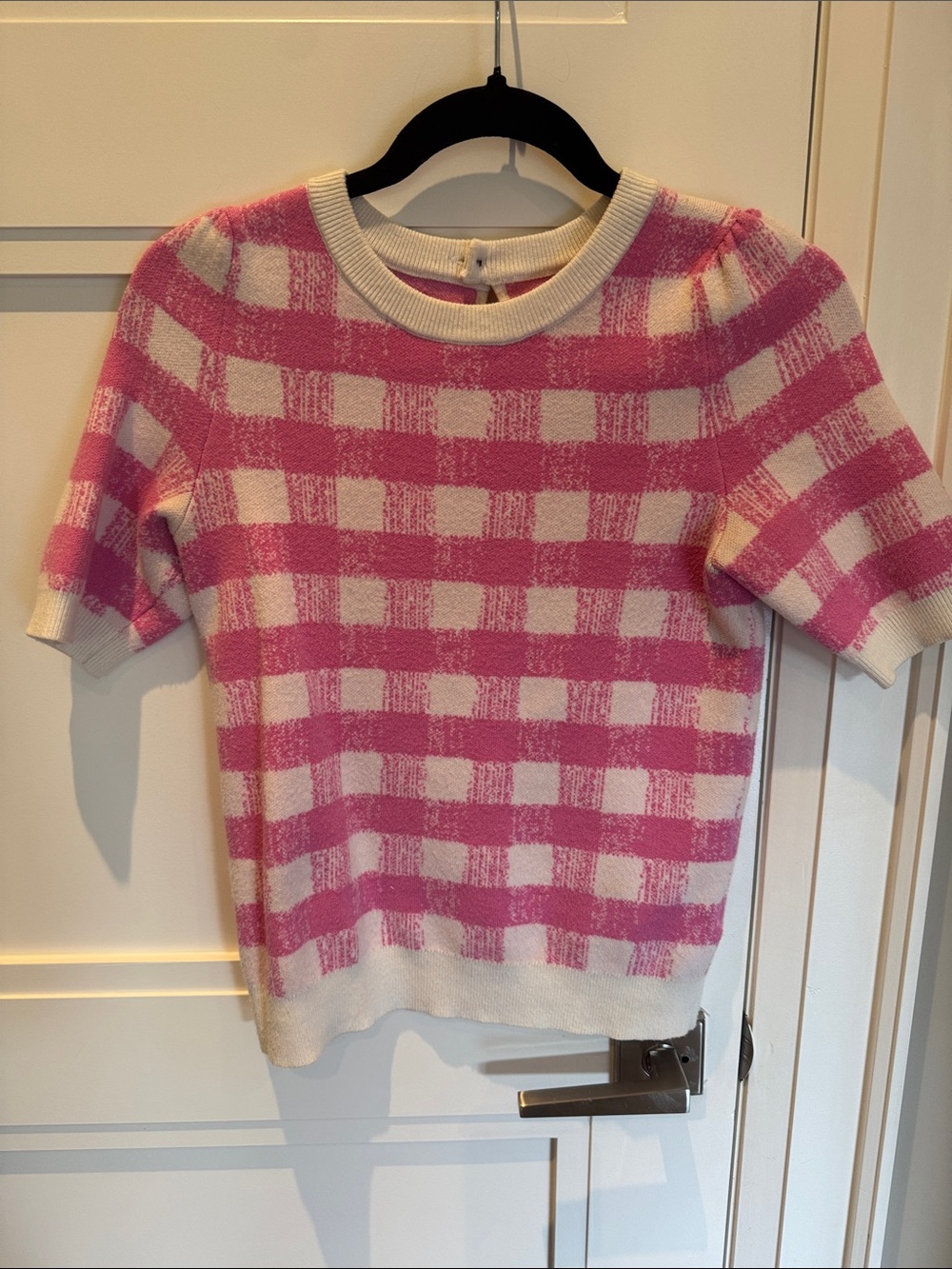Anthropologie Maeve Pink and Cream Checkered Knit Tee